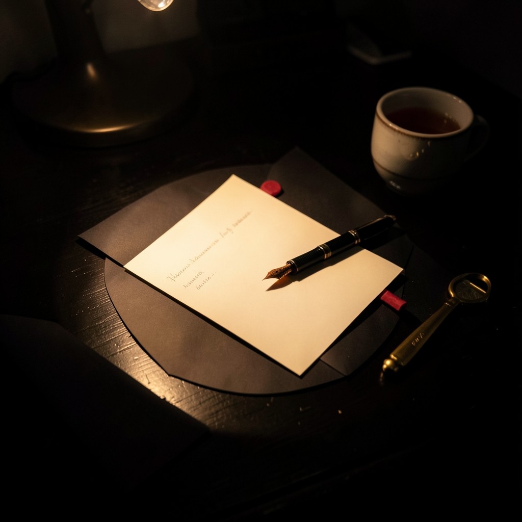 A writing desk with envelopes, a fountain pen, and an open book