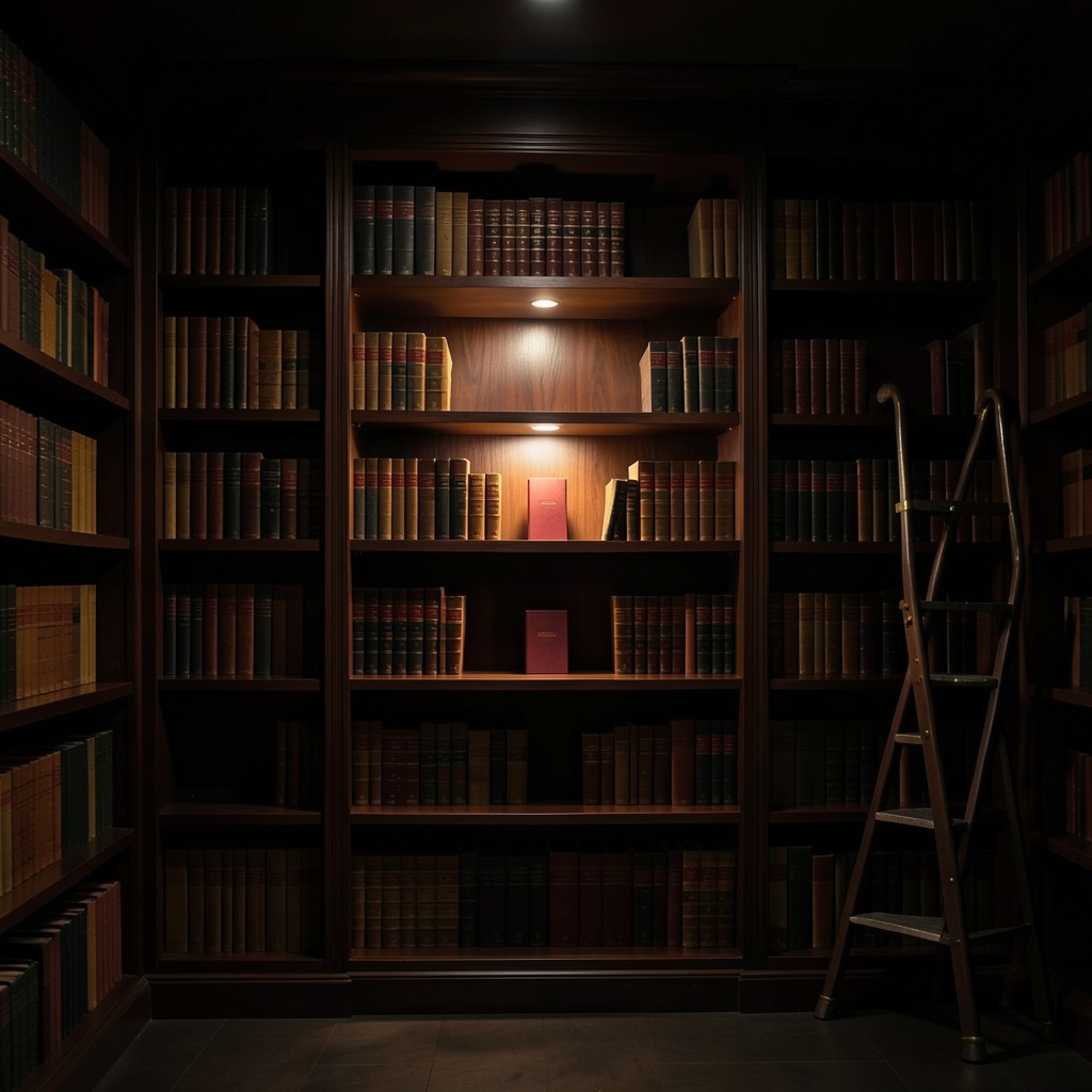 Tall wooden shelves of the club library, ladders resting against them