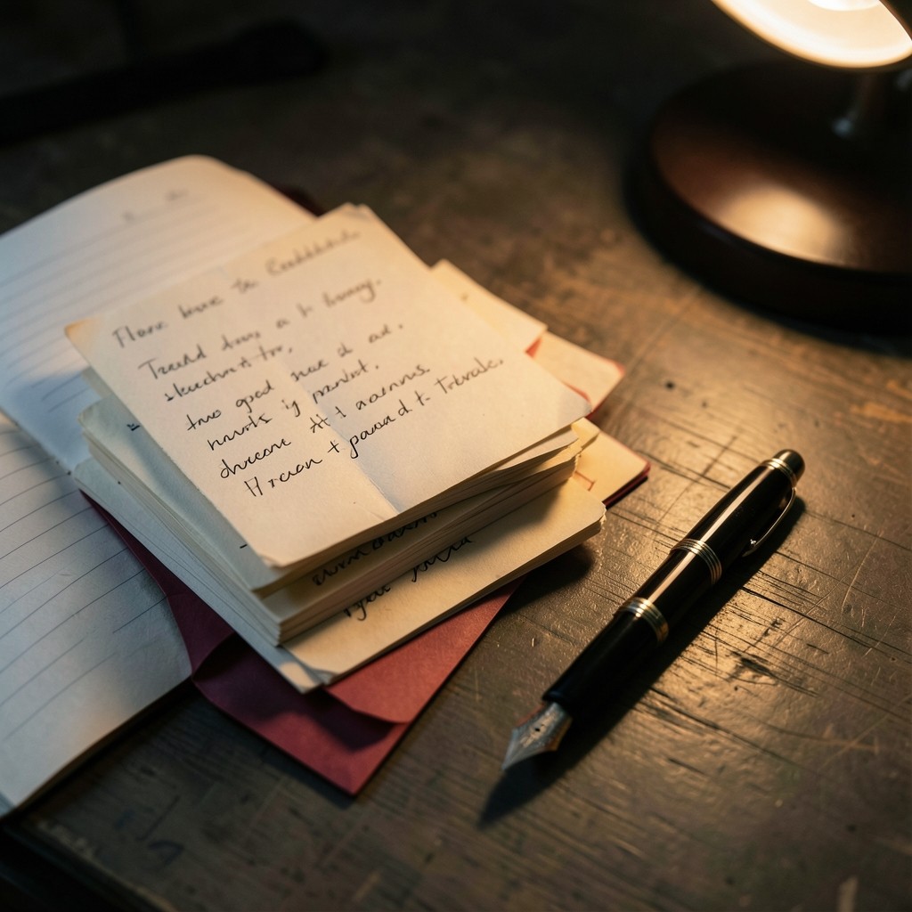 A stack of reader question cards beside a teacup